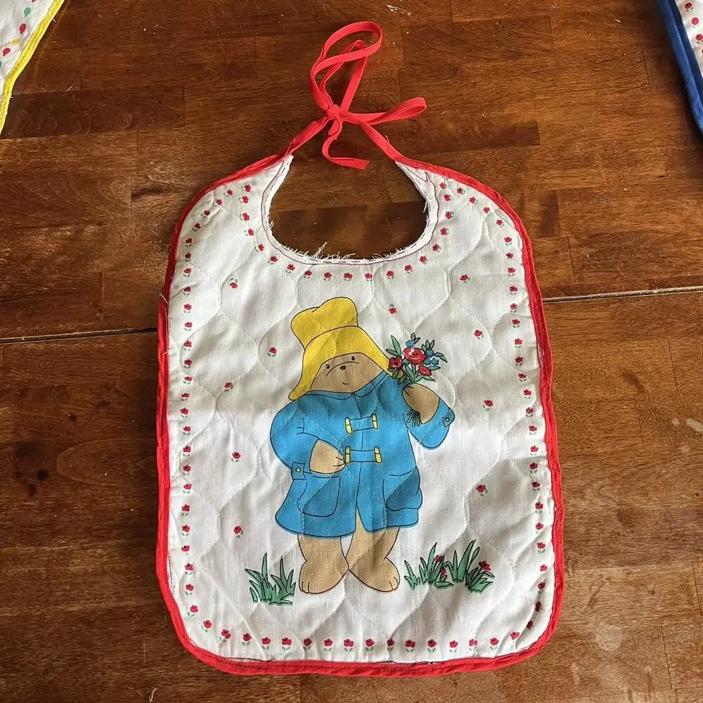 Paddington Bear Baby Bibs Quilted Tie Closure Lot Handmade 2 Unfinished Neckline